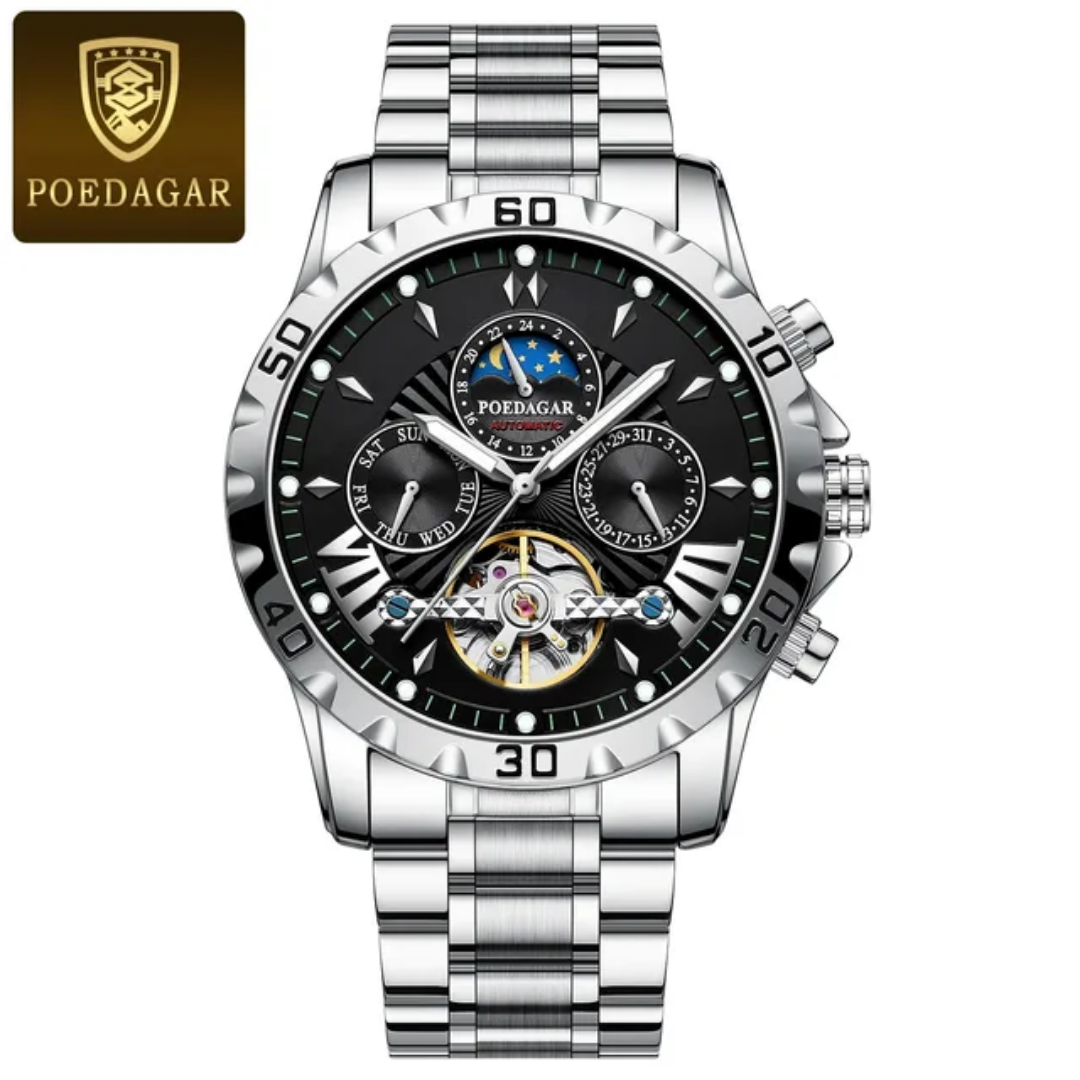 POEDAGAR 1412_Montre de Luxe Automatique_Tourbillon Mécanique_Étanche_Lumineux_Date_Semaine_ Montre-bracelet en Acier Inoxydable pour Homme
