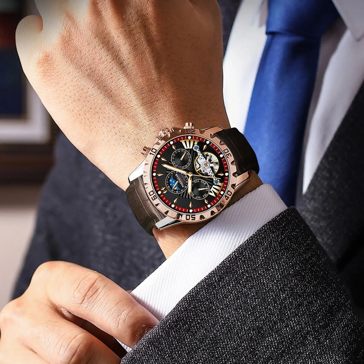 Montre automatique Poedagar 1410 à Tourbillon lumineuse en cuir de luxe étanche