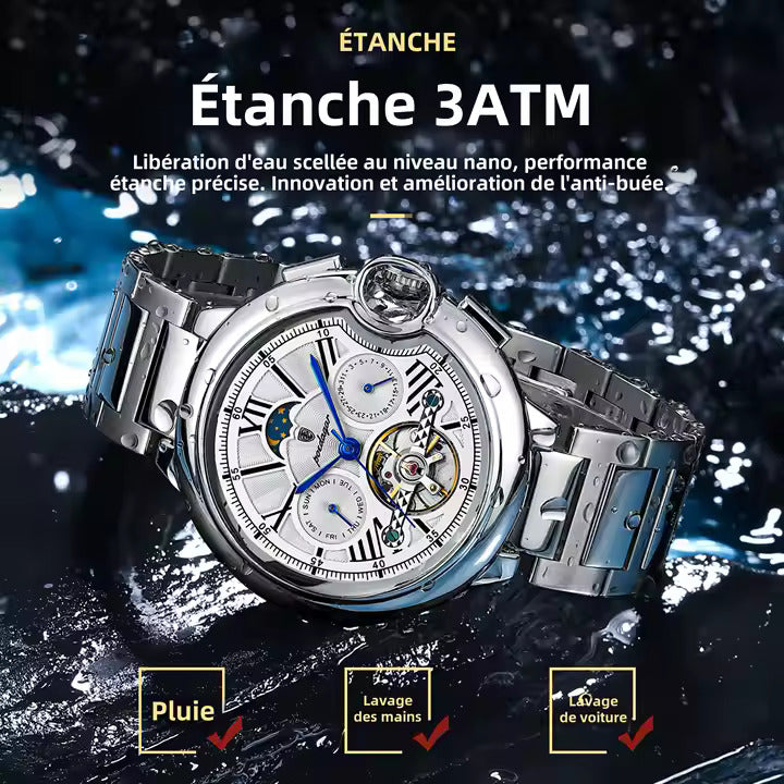 POEDAGAR 1413_Montre de Luxe Automatique_Tourbillon_Étanche_Lumineux_Date_Semaine_ Montre-bracelet en Acier Inoxydable pour Homme