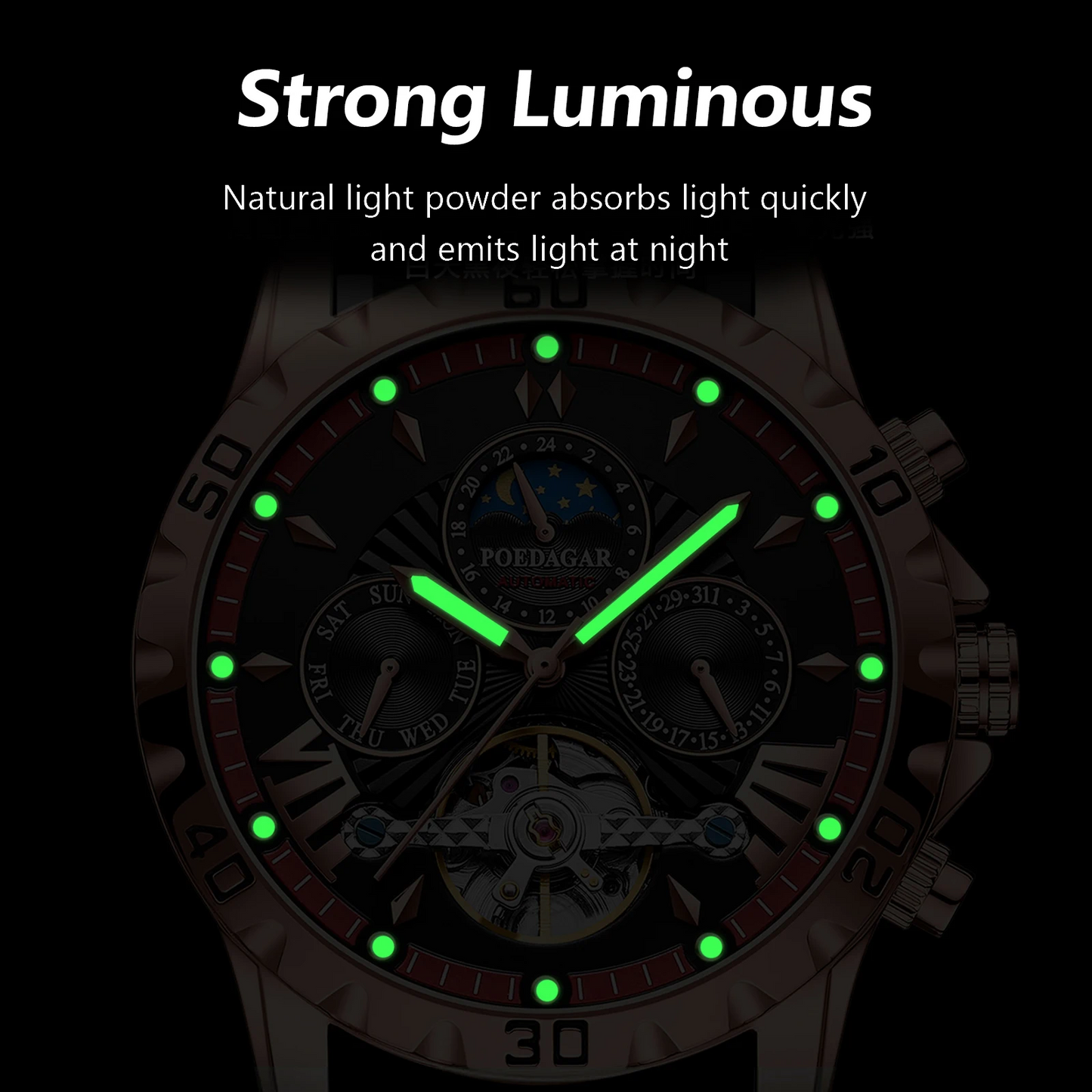 Montre automatique Poedagar 1410 à Tourbillon lumineuse en cuir de luxe étanche