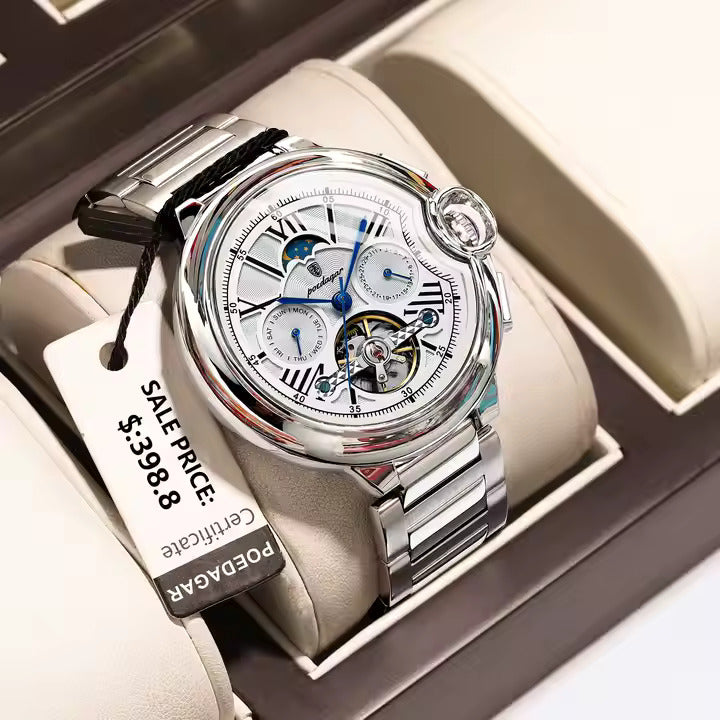 POEDAGAR 1413_Montre de Luxe Automatique_Tourbillon_Étanche_Lumineux_Date_Semaine_ Montre-bracelet en Acier Inoxydable pour Homme