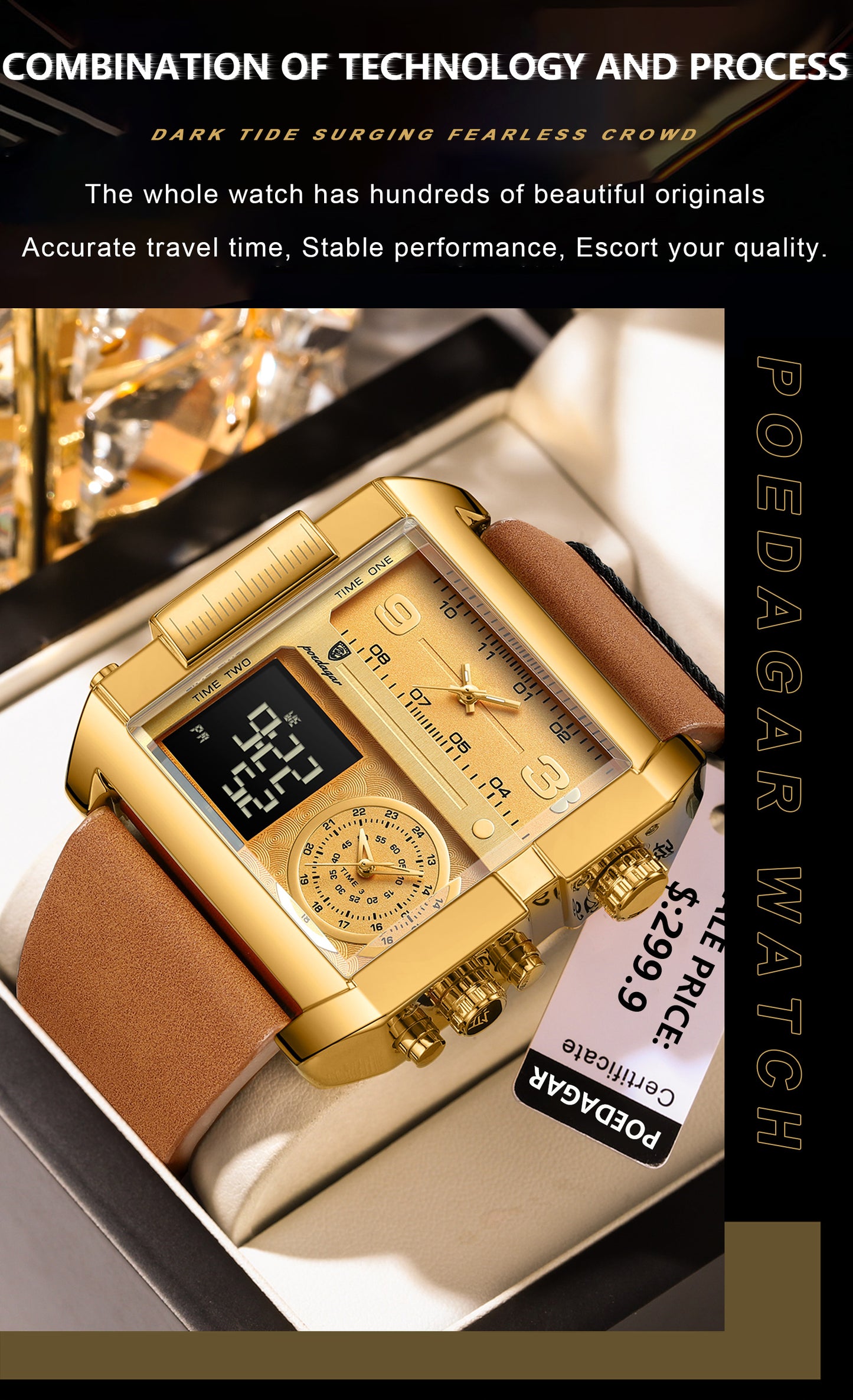 POEDAGAR 997 Luxury* Montre-bracelet Rectangle Étanche Lumineux pour Hommes