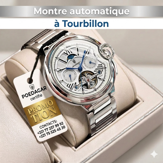 POEDAGAR 1413_Montre de Luxe Automatique_Tourbillon_Étanche_Lumineux_Date_Semaine_ Montre-bracelet en Acier Inoxydable pour Homme