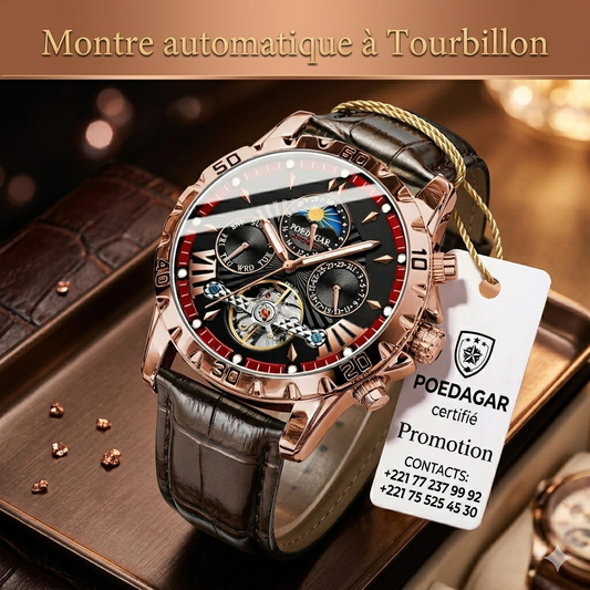Montre automatique Poedagar 1410 à Tourbillon lumineuse en cuir de luxe étanche