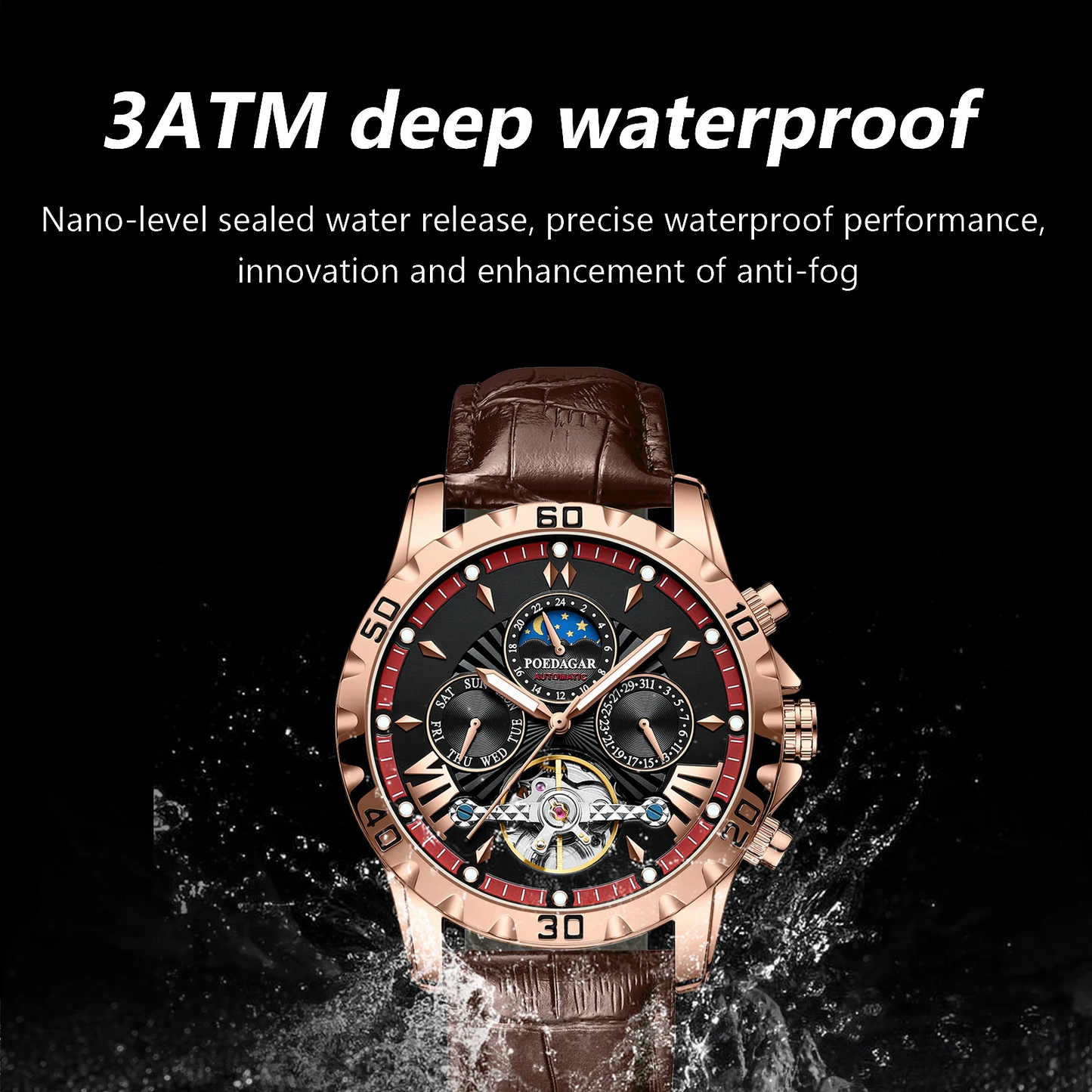 Montre automatique Poedagar 1410 à Tourbillon lumineuse en cuir de luxe étanche