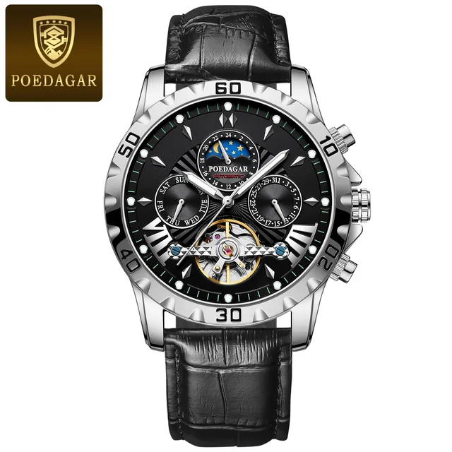 Montre automatique Poedagar 1410 à Tourbillon lumineuse en cuir de luxe étanche