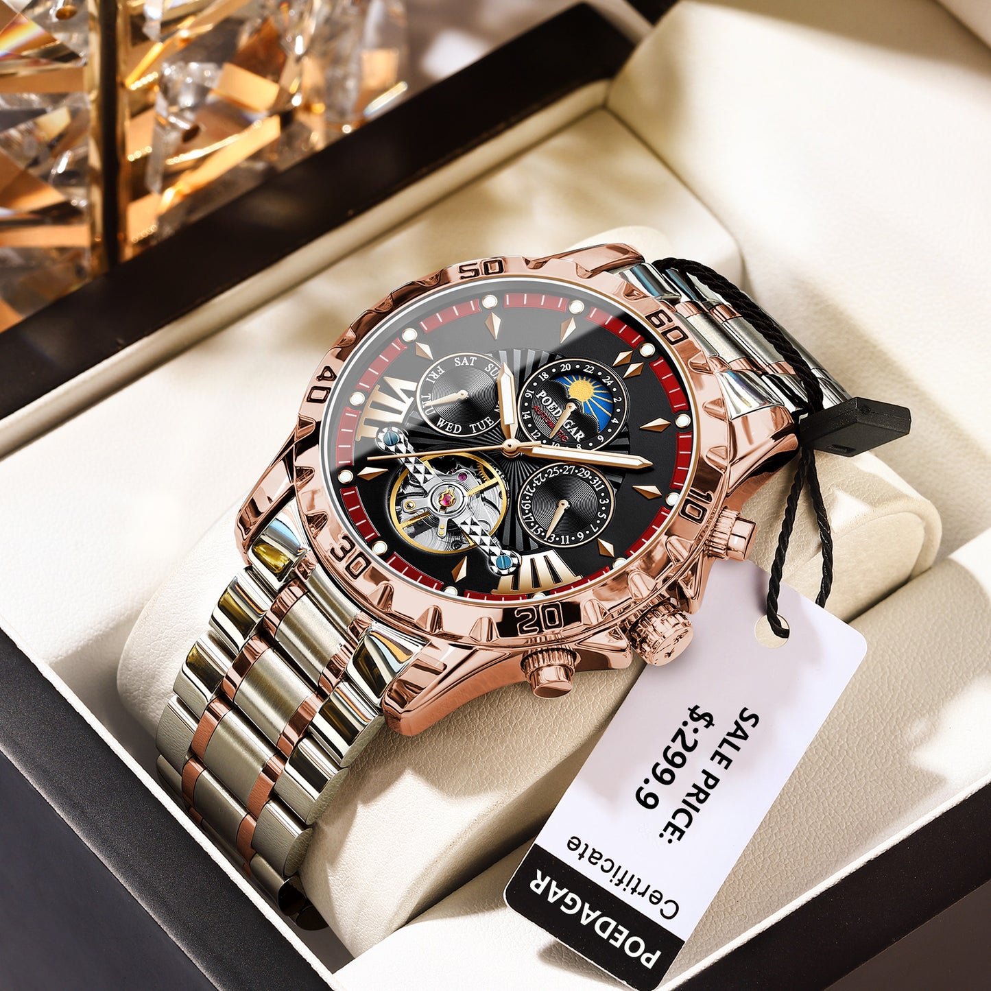 Montre automatique Poedagar 1410 à Tourbillon lumineuse en cuir de luxe étanche