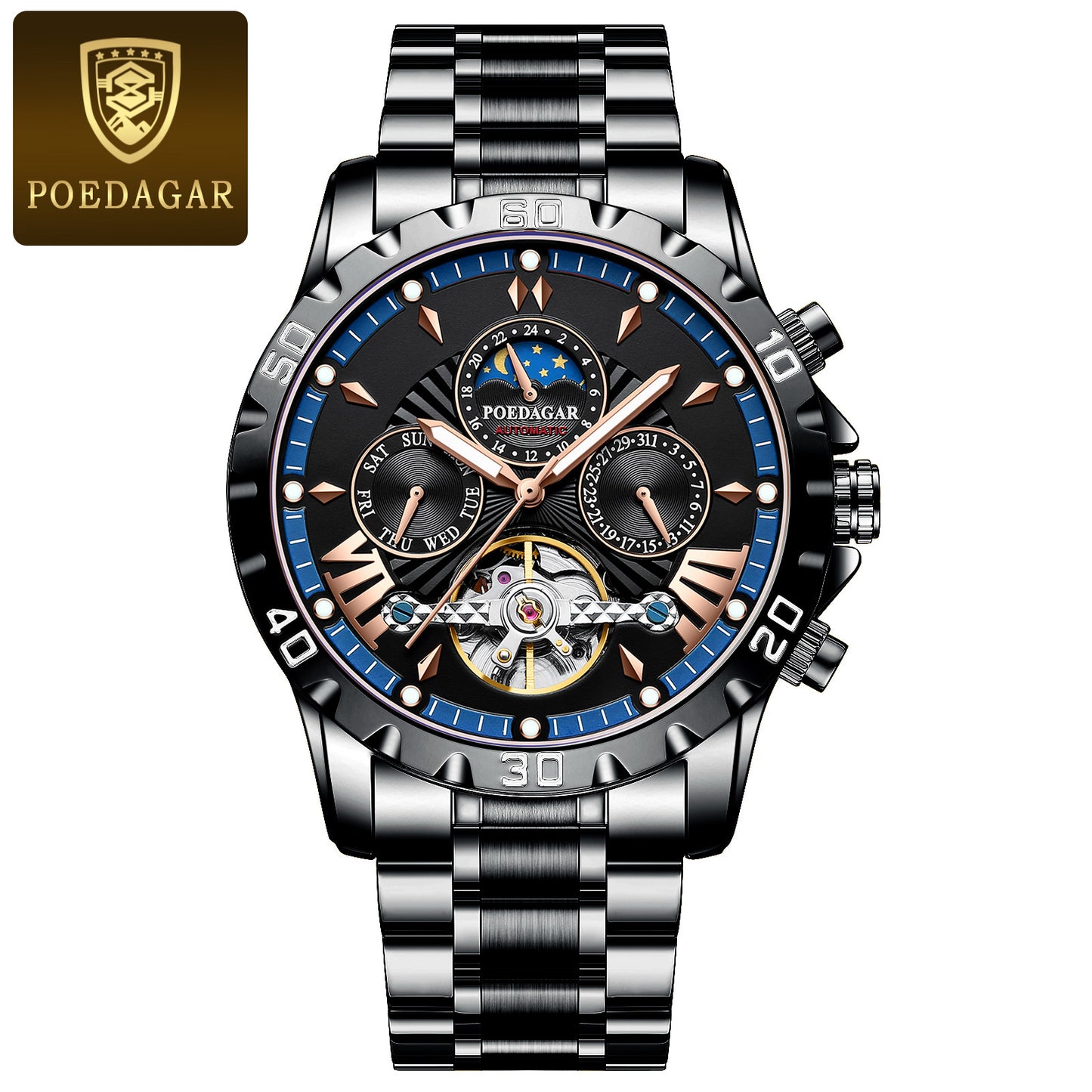 Montre automatique Poedagar 1410 à Tourbillon lumineuse en cuir de luxe étanche
