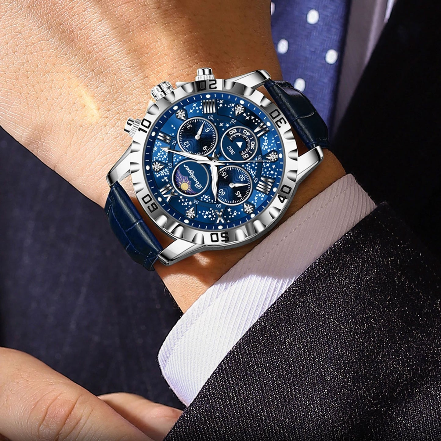 MONTRE CHRONO LUXE CUIR BLEU-GALAXY