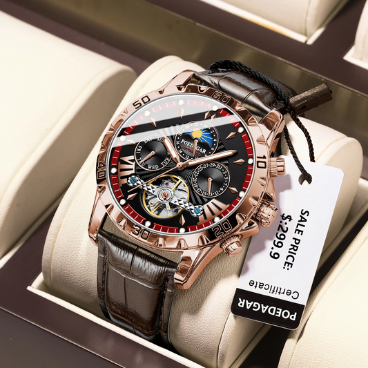 Montre automatique Poedagar 1410 à Tourbillon lumineuse en cuir de luxe étanche