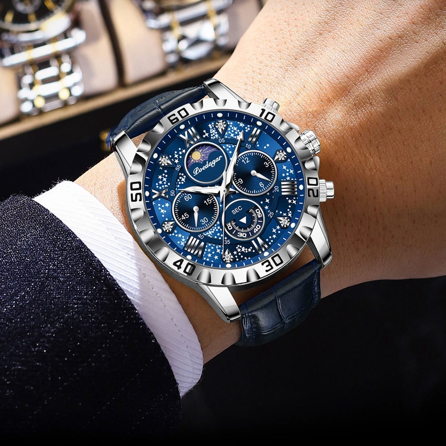 MONTRE CHRONO LUXE CUIR BLEU-GALAXY