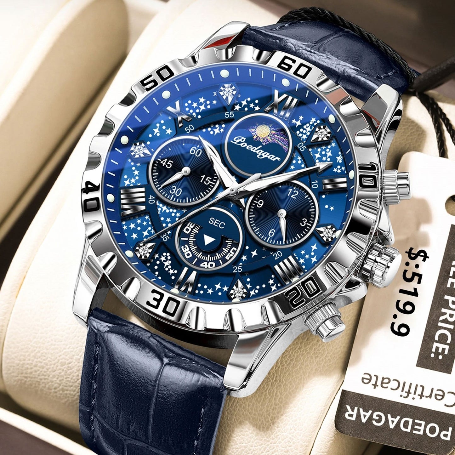 MONTRE CHRONO LUXE CUIR BLEU-GALAXY