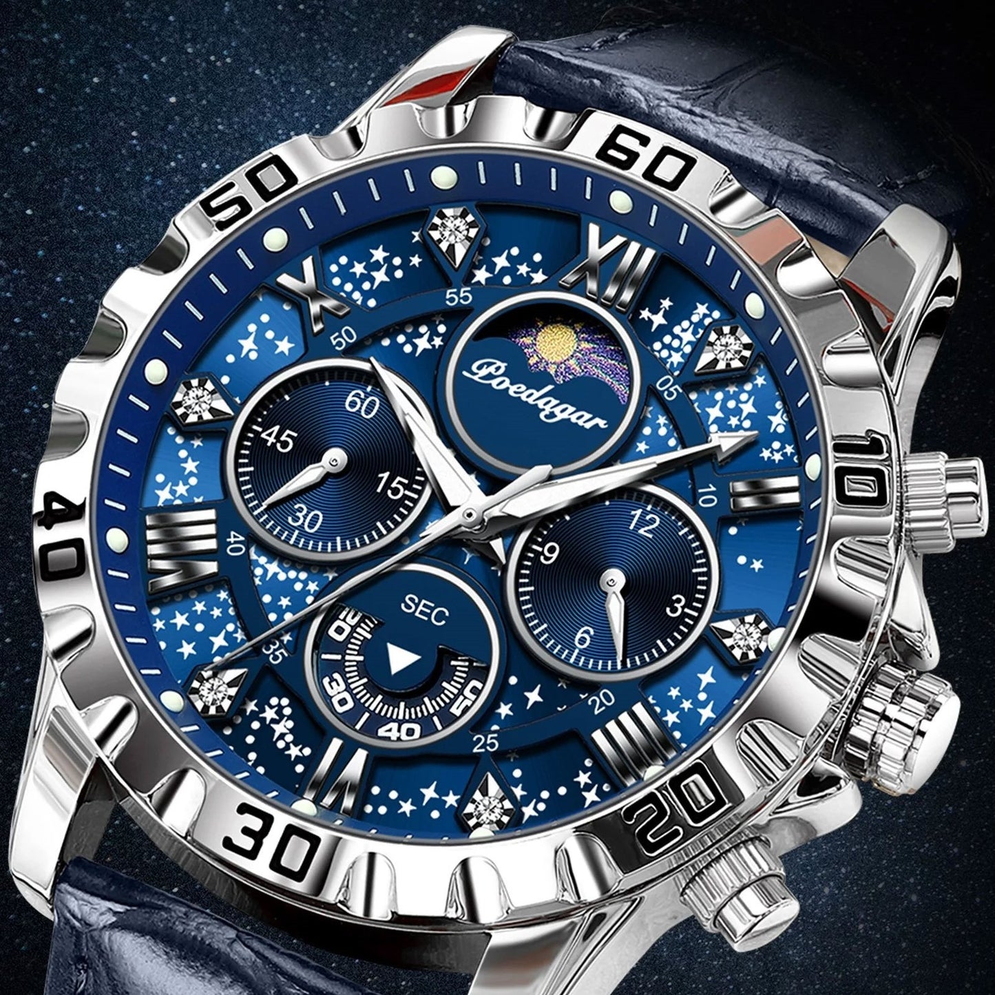MONTRE CHRONO LUXE CUIR BLEU-GALAXY