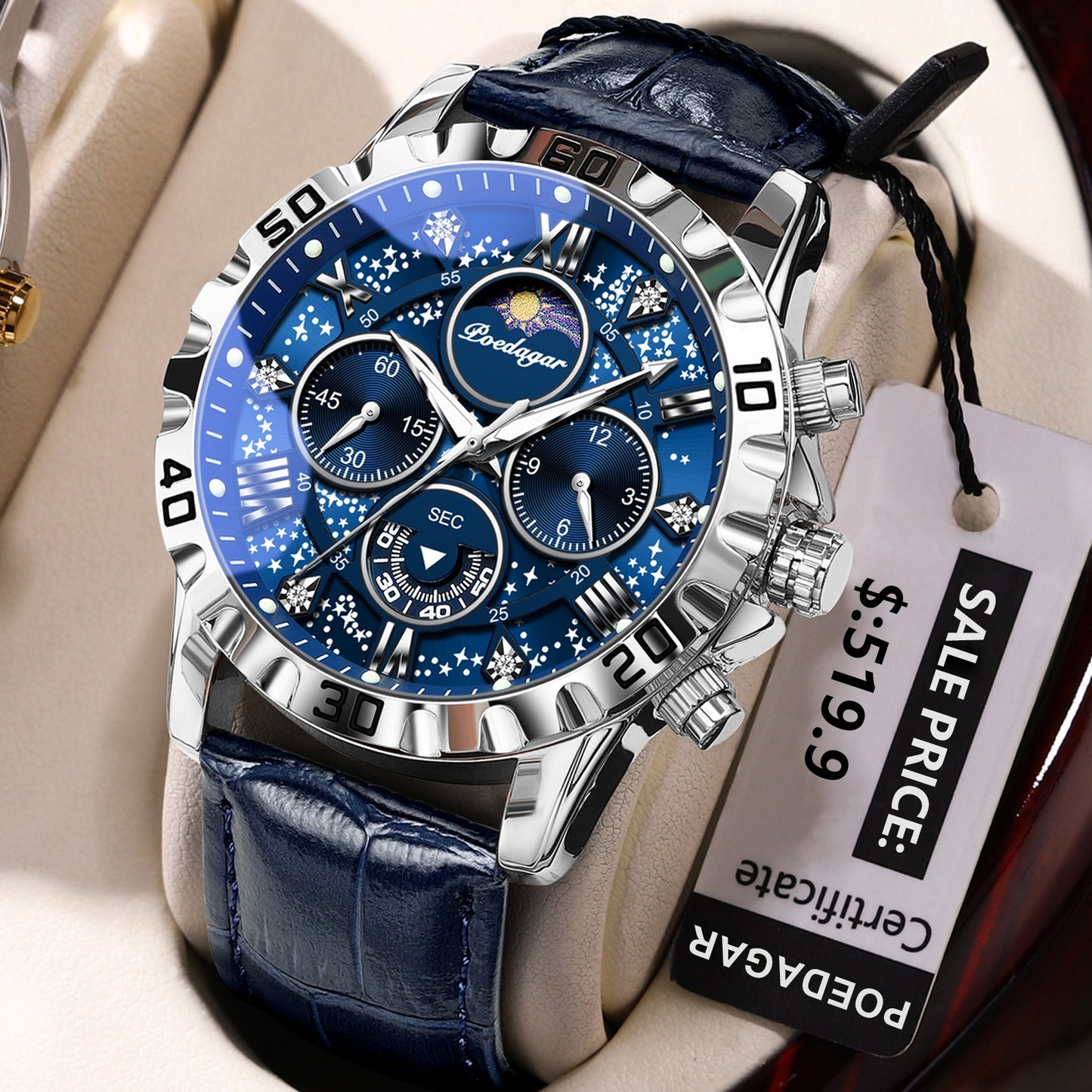 MONTRE CHRONO LUXE CUIR BLEU-GALAXY