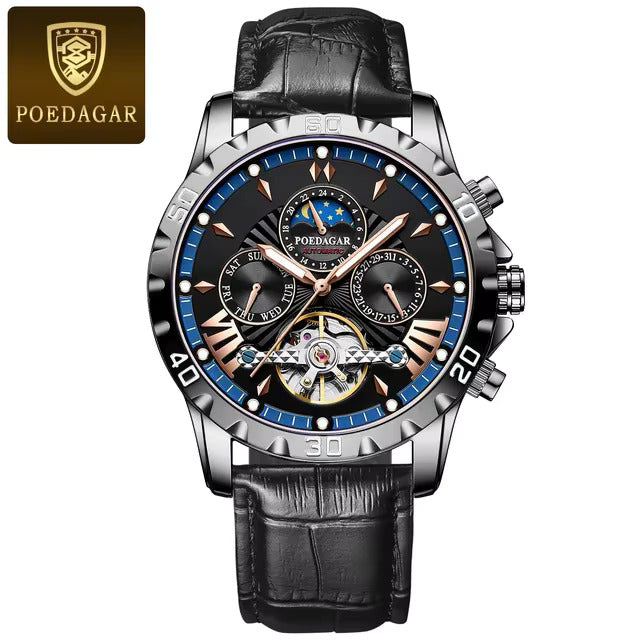 Montre automatique Poedagar 1410 à Tourbillon lumineuse en cuir de luxe étanche