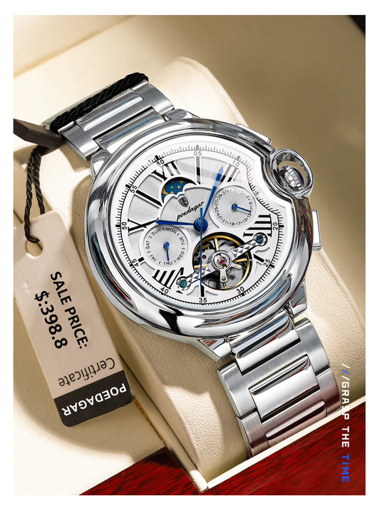 POEDAGAR 1413_Montre de Luxe Automatique_Tourbillon_Étanche_Lumineux_Date_Semaine_ Montre-bracelet en Acier Inoxydable pour Homme