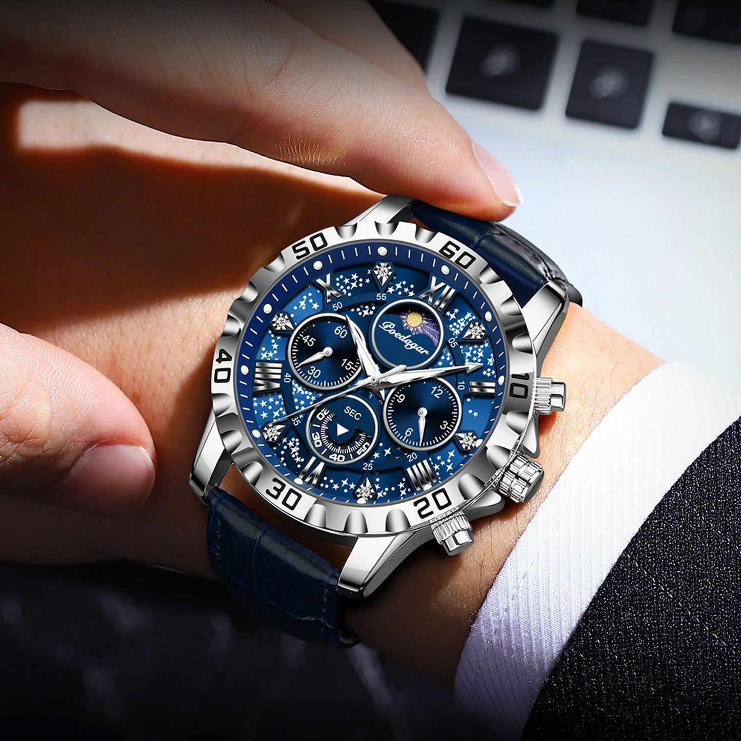 MONTRE CHRONO LUXE CUIR BLEU-GALAXY