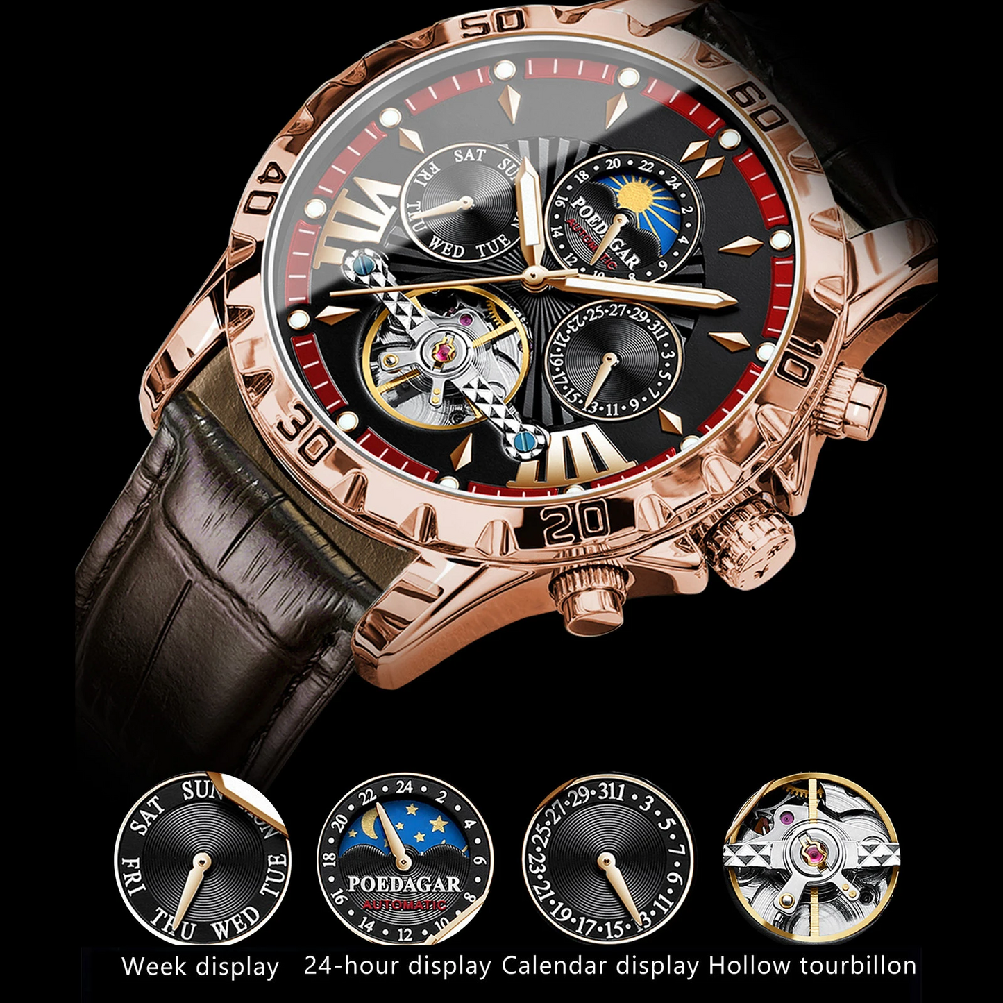 Montre automatique Poedagar 1410 à Tourbillon lumineuse en cuir de luxe étanche