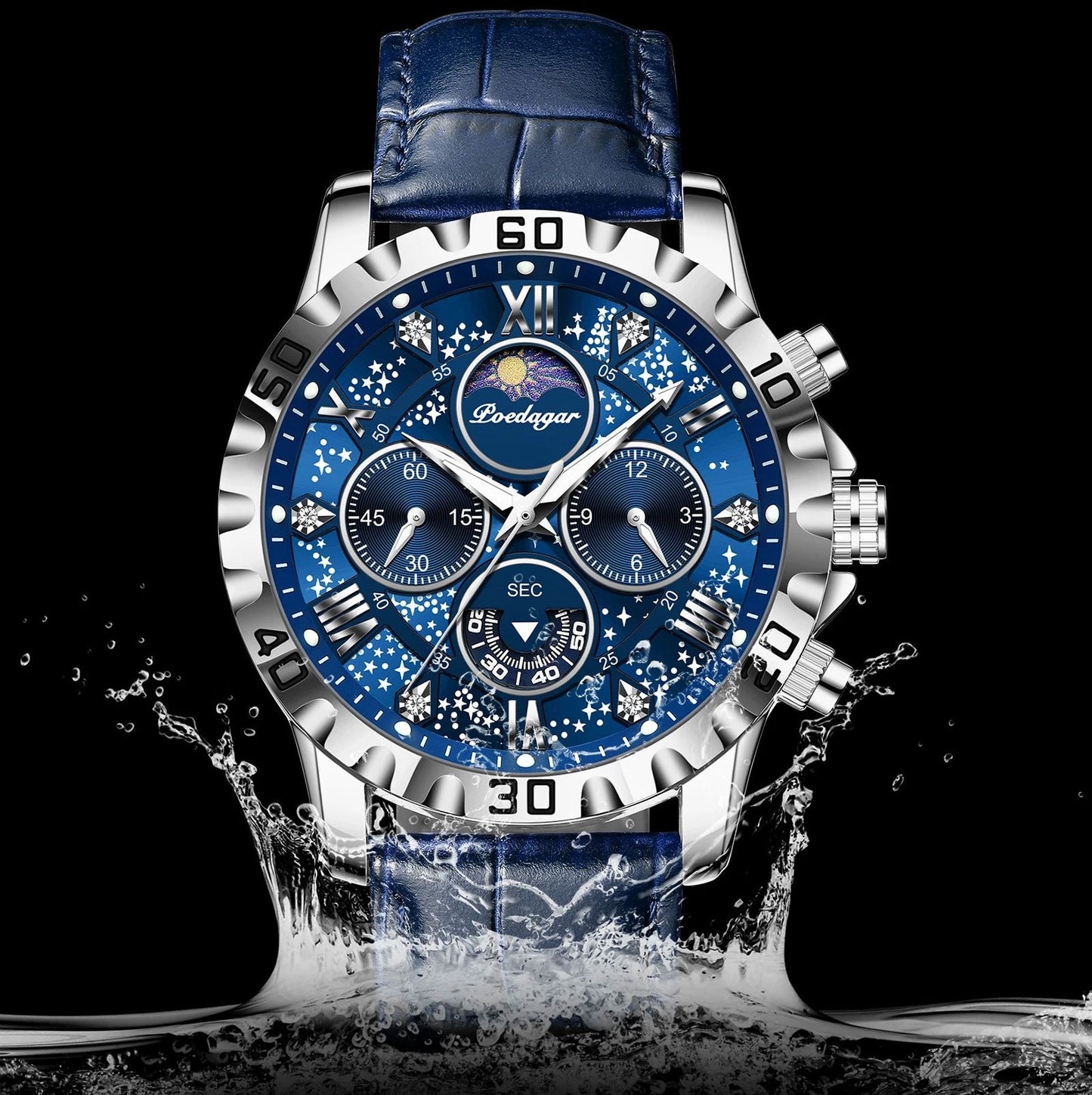 MONTRE CHRONO LUXE CUIR BLEU-GALAXY