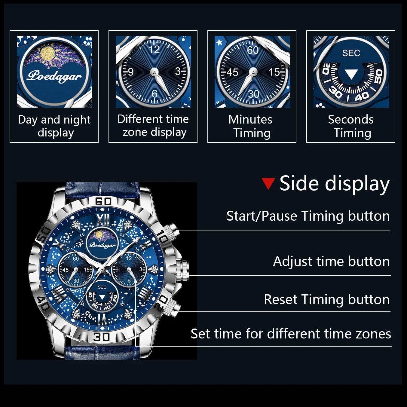 MONTRE CHRONO LUXE CUIR BLEU-GALAXY
