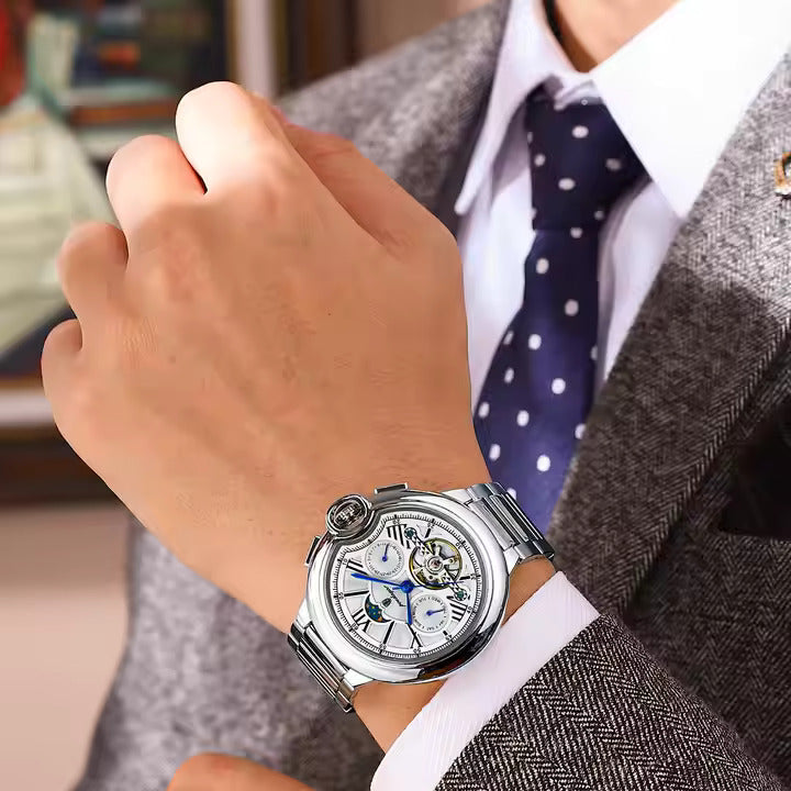 POEDAGAR 1413_Montre de Luxe Automatique_Tourbillon_Étanche_Lumineux_Date_Semaine_ Montre-bracelet en Acier Inoxydable pour Homme