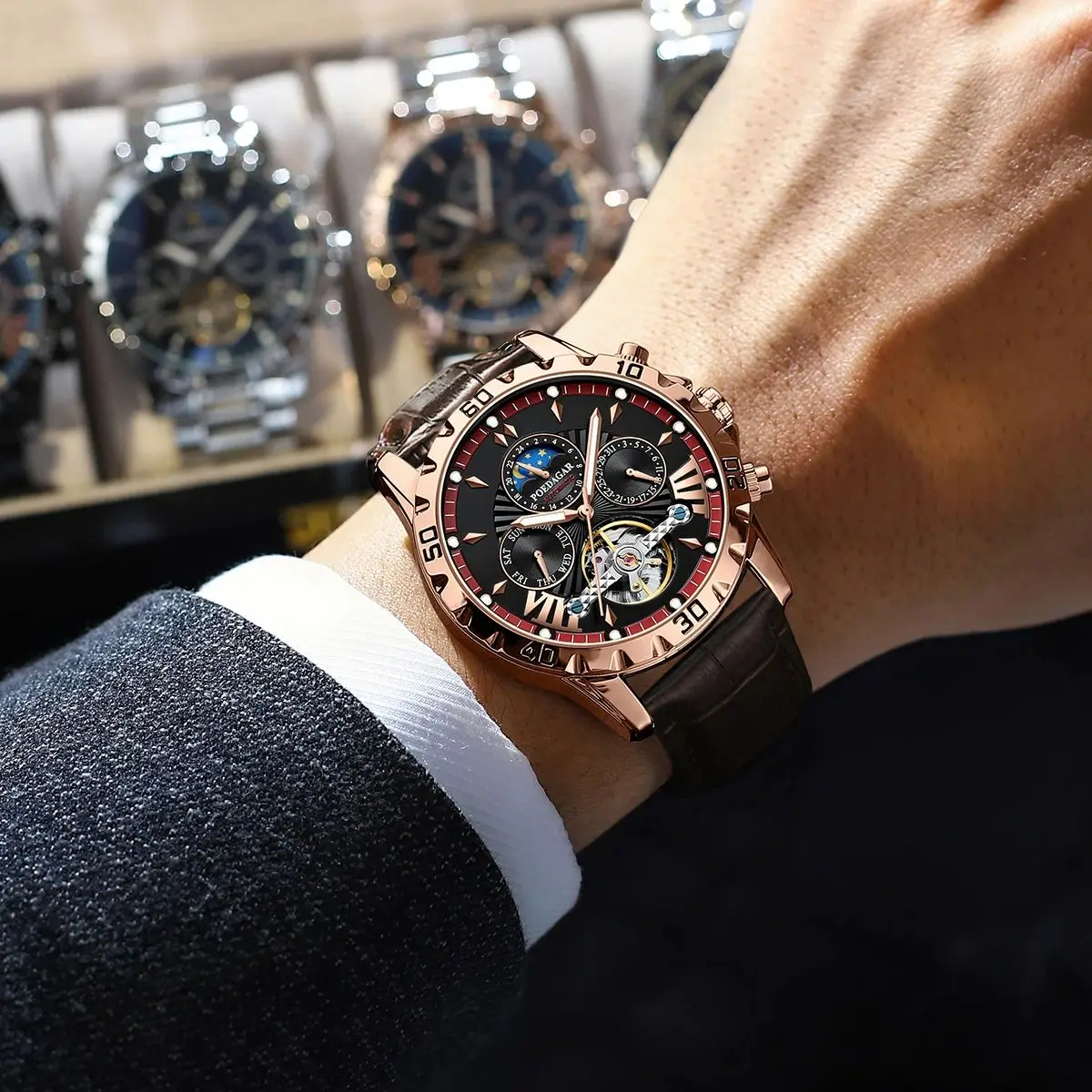 Montre automatique Poedagar 1410 à Tourbillon lumineuse en cuir de luxe étanche
