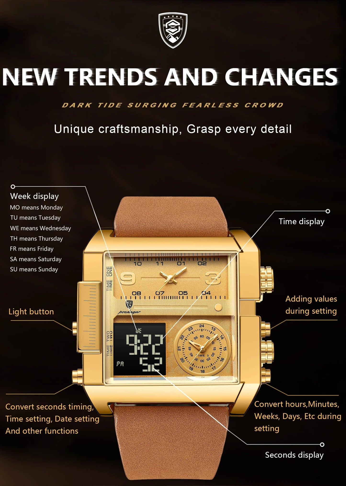 POEDAGAR 997 Luxury* Montre-bracelet Rectangle  Étanche Lumineux pour Hommes