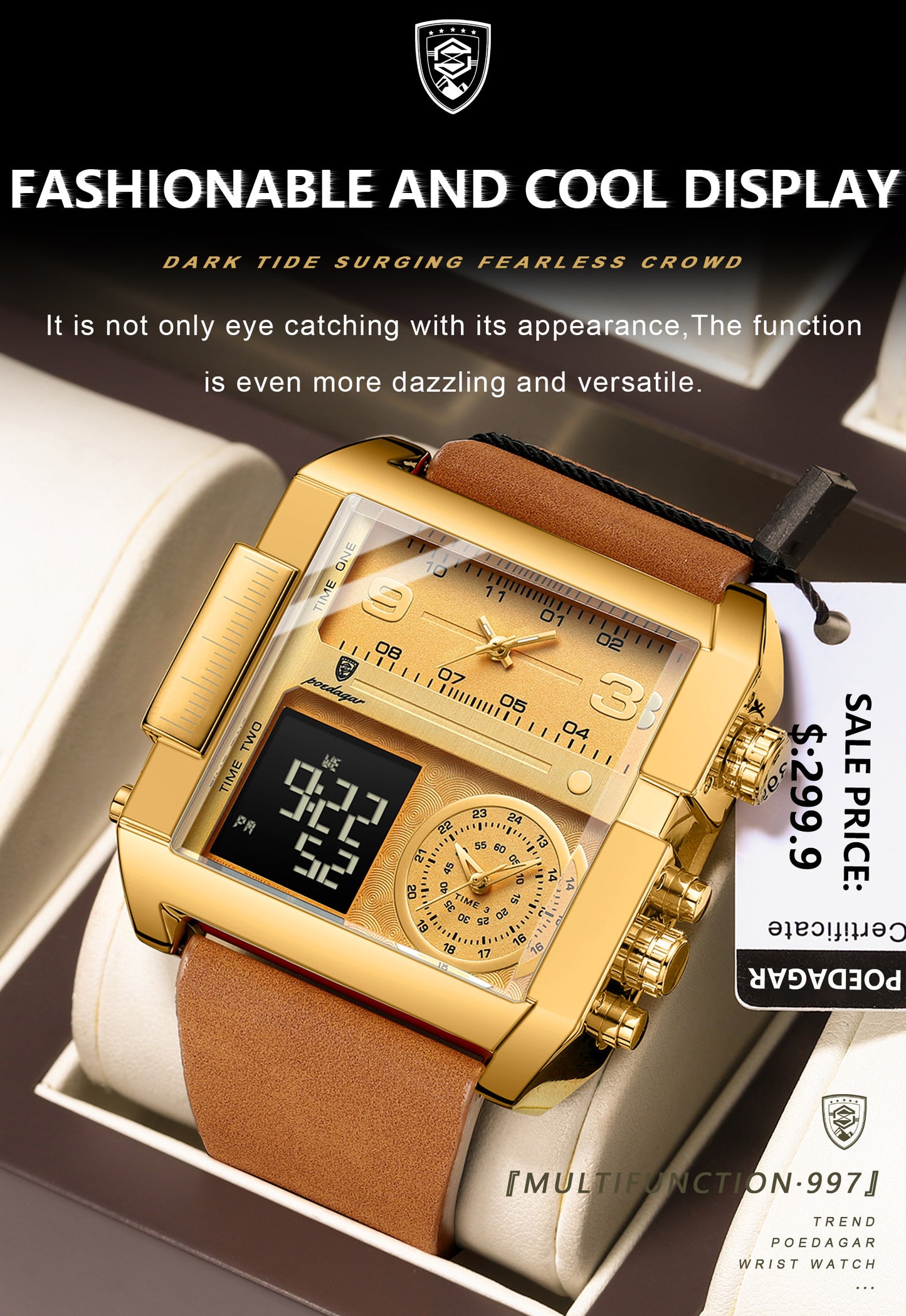 POEDAGAR 997 Luxury* Montre-bracelet Rectangle  Étanche Lumineux pour Hommes