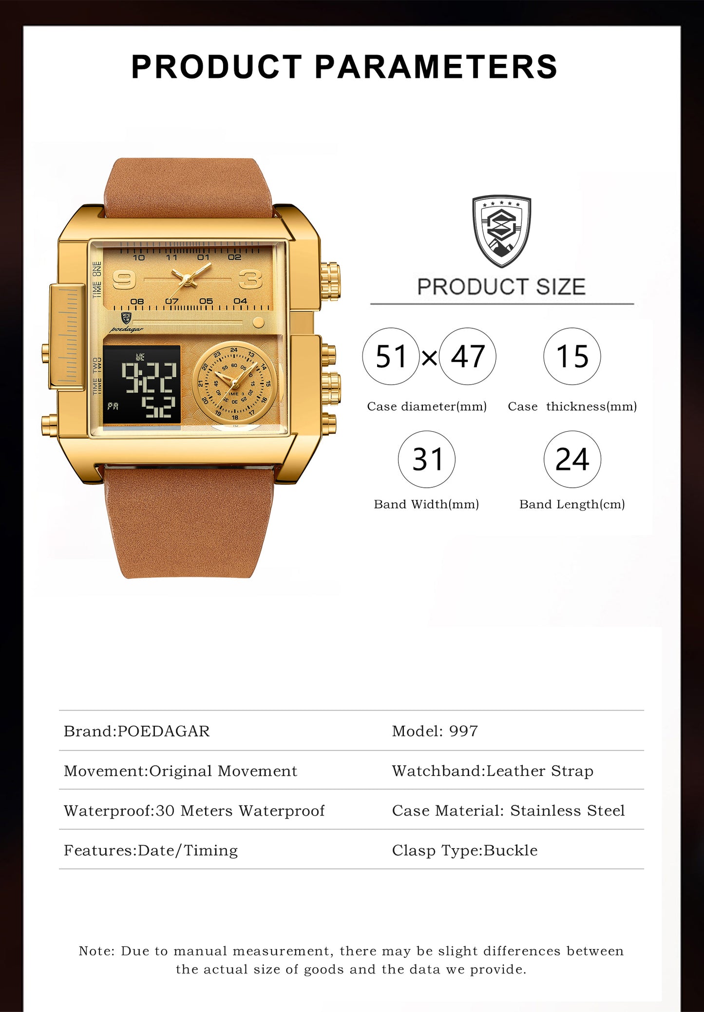 POEDAGAR 997 Luxury* Montre-bracelet Rectangle  Étanche Lumineux pour Hommes