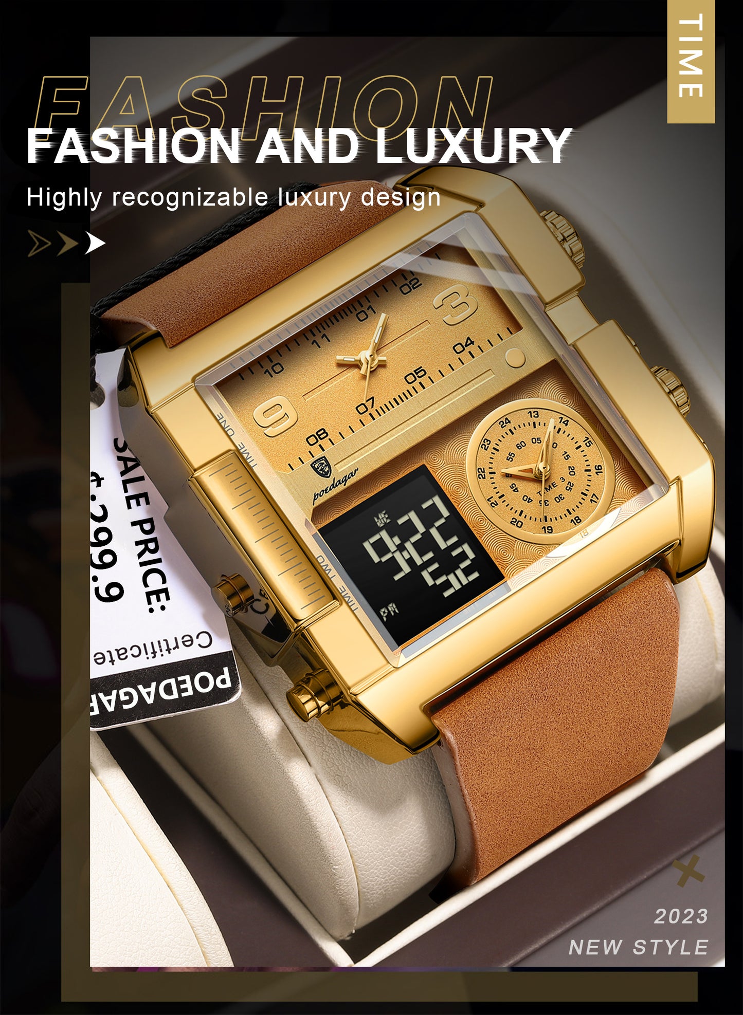 POEDAGAR 997 Luxury* Montre-bracelet Rectangle  Étanche Lumineux pour Hommes